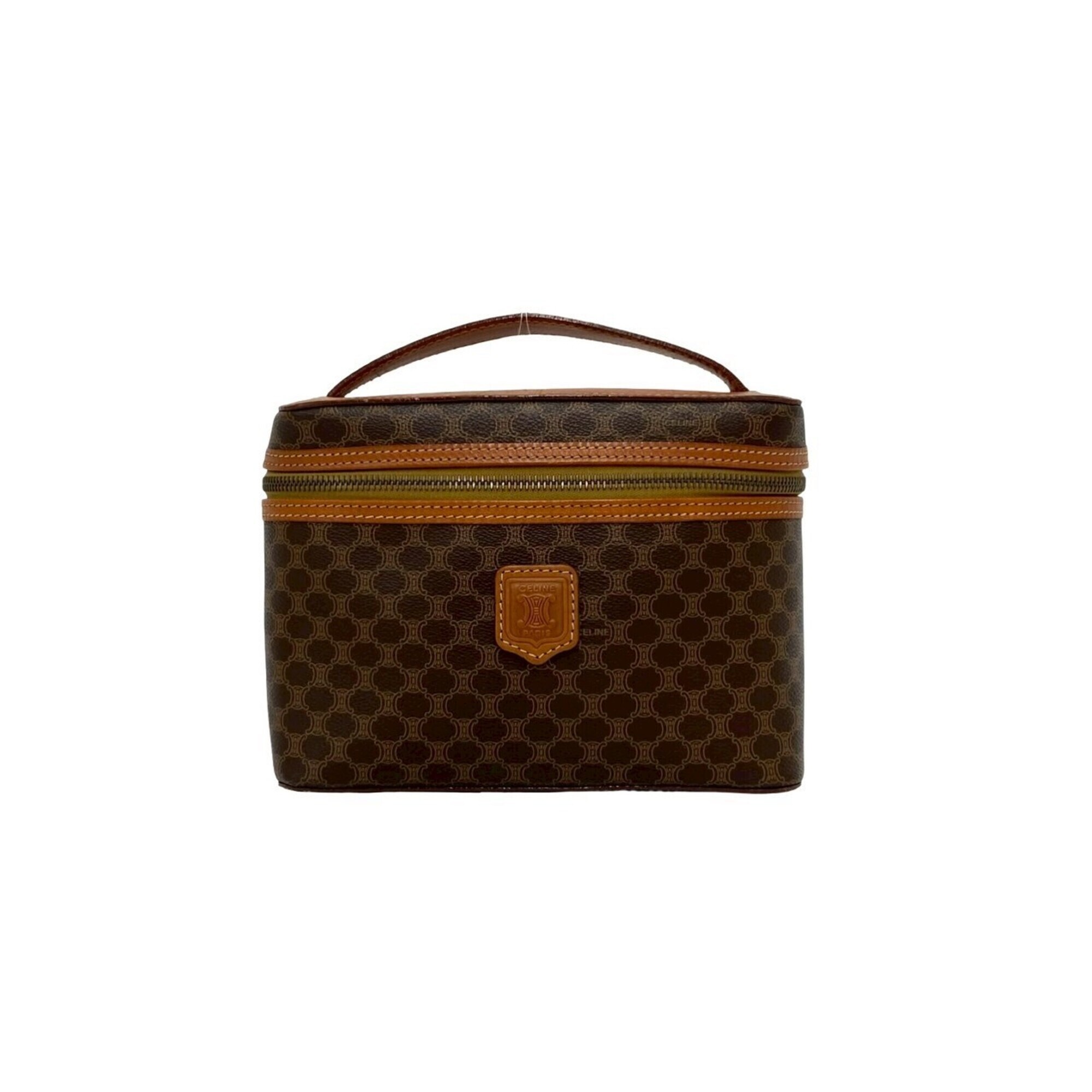 Celine Vintage Macadam Blazon Triomphe Pattern Logo Leather Handbag Vanity Ba...